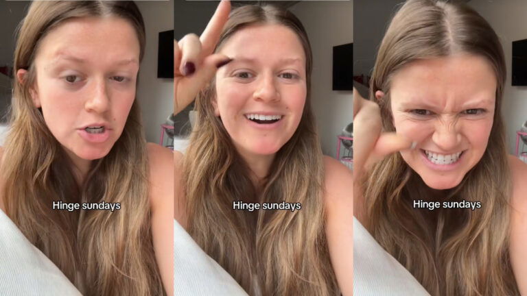 Illinois Woman Encourages Single Females To Use Hinge on Sundays: ‘Get Your Engines Running!’ A three-picture collage featuring a smiling woman from Chicago, Illinois. Text on the images indicates that she's discussing using the Hinge app on Sundays.