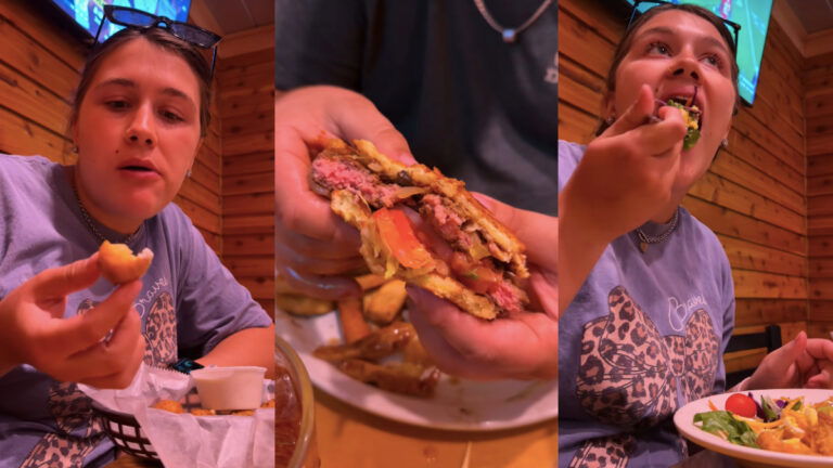 Dallas Food Blogger Leaves Bad Review After Awful Texas Roadhouse Meal: ‘That Was Quite an Experience’ A collage featuring a Dallas food blogger eating various items at a Texas Roadhouse restaurant. The right and left images depict her biting into food, while the middle image shows a raw burger.