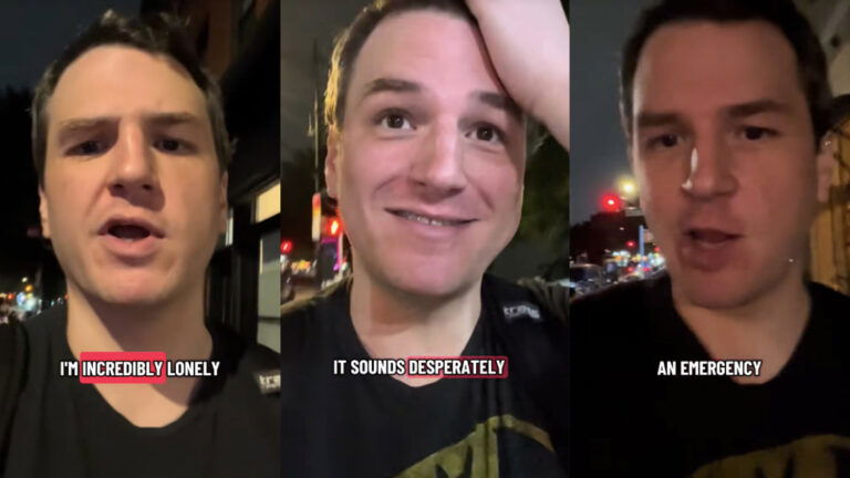 Three images of a man in New York City, walking in the evening and discussing his lack of friends as an emergency.