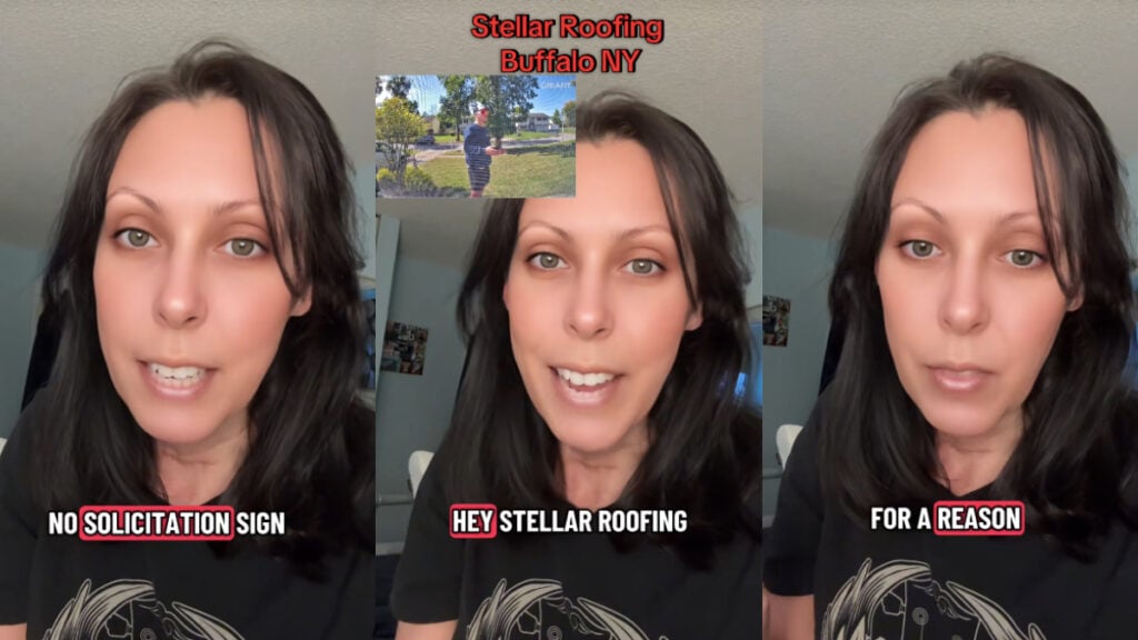Irate New York Homeowner Puts Door-To-Door Solicitor and Company on Blast ‘I Don’t Have Time for This Crap!’ A dark-haired woman with animated facial expressions. Text on the images references a no solicitation sign, as well as addresses the behavior of a Stellar Roofing employee in Buffalo, New York.
