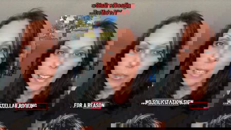 A dark-haired woman with animated facial expressions. Text on the images references a no solicitation sign, as well as addresses the behavior of a Stellar Roofing employee in Buffalo, New York.