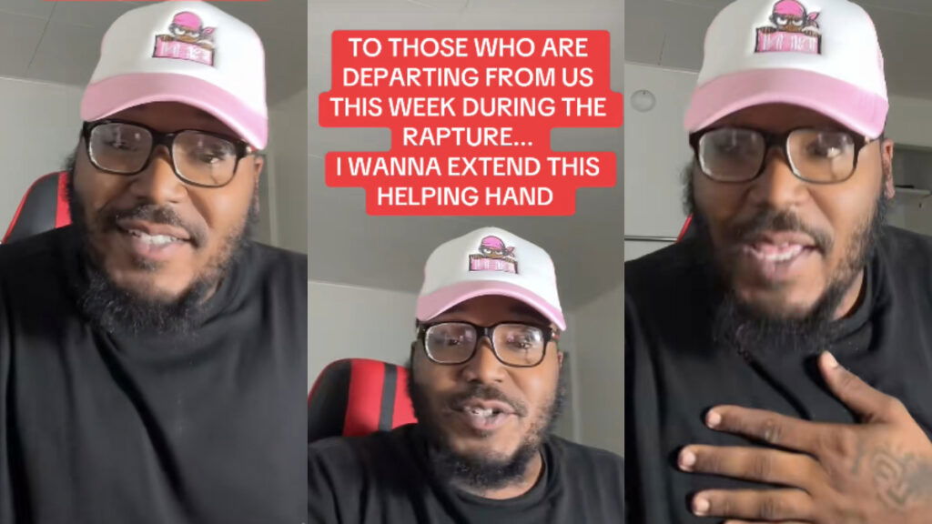 Pennsylvania Influencer Makes Fun of Rapture Fanatics: ‘Marked Safe From Religious Psychosis.’ A three-picture collage of a Pennsylvania man in a white and pink hat. He's wearing a black hat and sitting in a gaming chair. Text on the middle image indicates he has a message for those who believe that the rapture will be taking place this week.