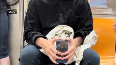 A man filming a woman on the NYC subway