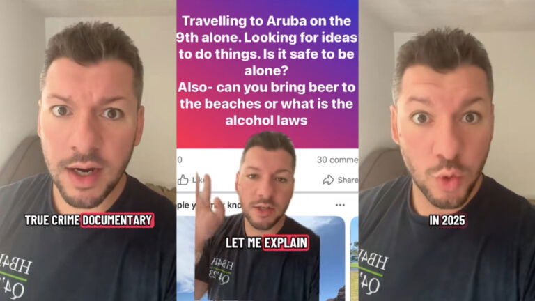 Boston Influencer Puts Out PSA for Solo Travelers: ‘Please Stop Doing This.’ Three photos of a man wearing a black t-shirt in his Boston home. Text on the images indicates he's giving safety advice, after reading a post from a solo traveler that concerned him.