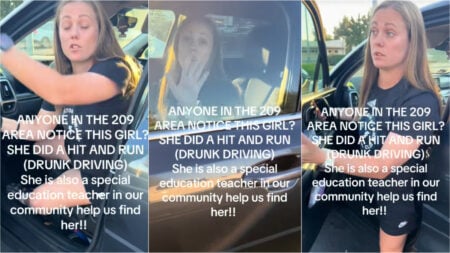A woman identified as a California teacher is shown in three photos outside and inside a truck at an accident scene, with text on the images accusing her of a hit and run and noting she works in special education teacher in the 209 area.