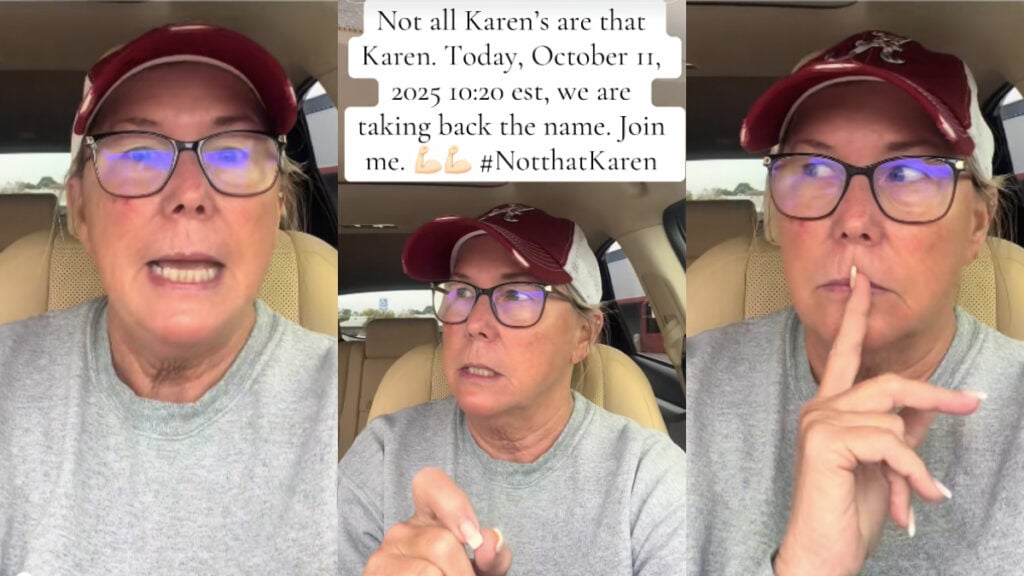 Georgia Tiktoker Named Karen Attempts To Start #NotThatKaren Movement: ‘Let’s Take Back the Name, Together!’ Three photos of an older woman named Karen wearing a gray sweatshirt and maroon ballcap, sitting inside her car in a Georgia parking lot. Text on the images calls for the #NotThatKaren movement in order to take back the name, as of October 11th 2025 at 10:20 EST.