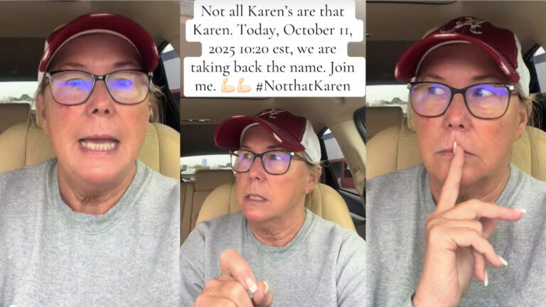 Georgia Tiktoker Named Karen Attempts To Start #NotThatKaren Movement: ‘Let’s Take Back the Name, Together!’ Three photos of an older woman named Karen wearing a gray sweatshirt and maroon ballcap, sitting inside her car in a Georgia parking lot. Text on the images calls for the #NotThatKaren movement in order to take back the name, as of October 11th 2025 at 10:20 EST.
