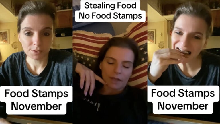 New Jersey TikToker Posts Scathing Messages to Those Losing SNAP Benefits: ‘I’m Sick of Hearing You Complain’ Three photos of a blonde woman in New Jersey who is wearing a dark colored t-shirt and discussing different aspects of SNAP benefits.