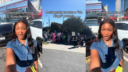 Three photos from the October 18th No Kings Protest in Charlotte, North Carolina. The right and left images show a young Black woman wearing a blue top. standing in front of Midnight Diner. Text on the images indicates that she accidentally encountered the protest while she was out and about.