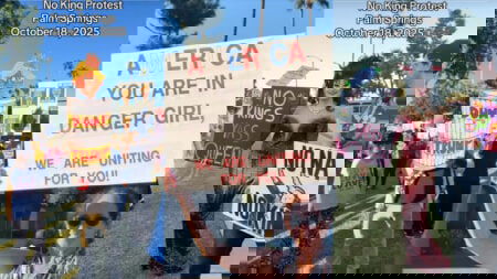 Palm Springs Protester Shares Favorite No Kings Day Signs: ‘So Empowering, Honestly!’ Three images depicting Palm Springs protesters displaying various empowering signs in front of a large crowd at a No Kings Day event in Florida.