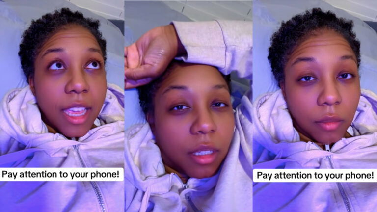 Phoenix Uber Driver Posts PSA to Passengers: ‘Pay Attention to Your Phone!’ Three photos of a Black woman who works as an Uber driver in Phoenix, Arizona. She is lying in bed and wearing a light gray hoodie. Text on the images indicates she wants passengers to pay attention to their phones.