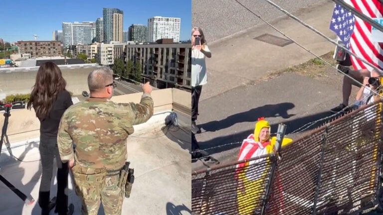 Taxpayers Foot the Bill As Kristi Noem Climbs Portland Roof With ICE Officers to Face a Man in a Chicken Suit: ‘I Feel So Embarrassed for Her’