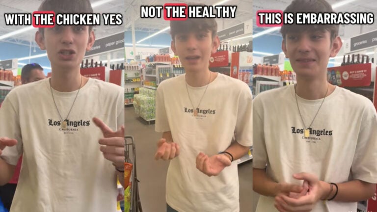 Texas Exchange Student Requests Special Dinner, Is Misunderstood: ‘This Is Embarrassing!’ Three pictures of a male exchange student wearing a white tshirt inside a Texas Walgreens. Text indicates a mixup over chicken dinner.