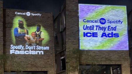 Activists Project Images From ICE Raids and Arrests Onto L.A. Buildings, “Tell Spotify to Get ICE Ads Off the Air” L.A. protestors project "cancel Spotify" ads on buildings